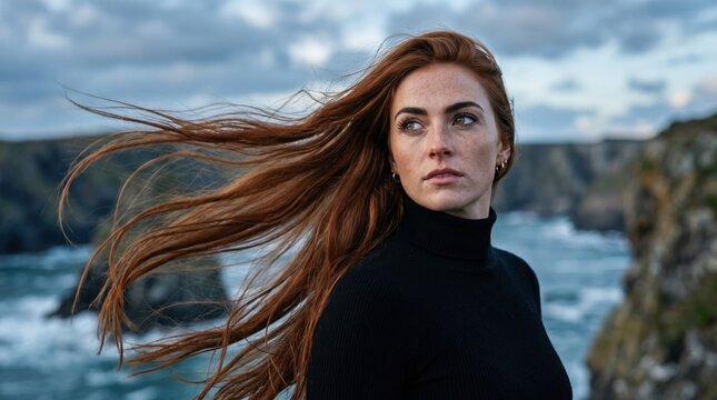 Portrait of woman with long, flowing ginger hair. Redhead woman smiling on seaside high cliff edge at the storm. Hair blowing in the wind.