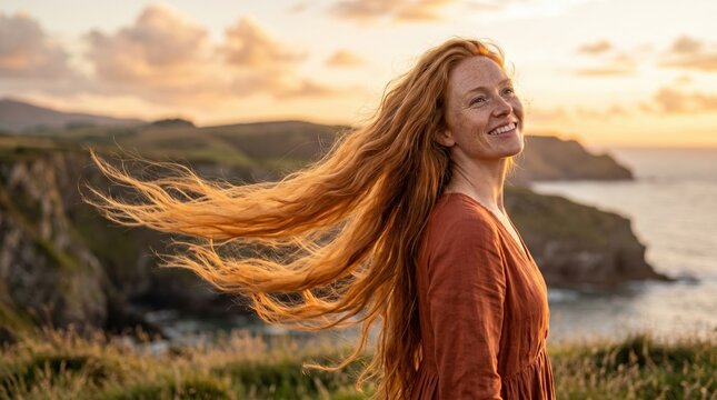 Portrait of woman with long, flowing ginger hair illuminated by warm sunset. Redhead woman smiling on seaside high cliff edge at sunset. Hair blowing in the wind.