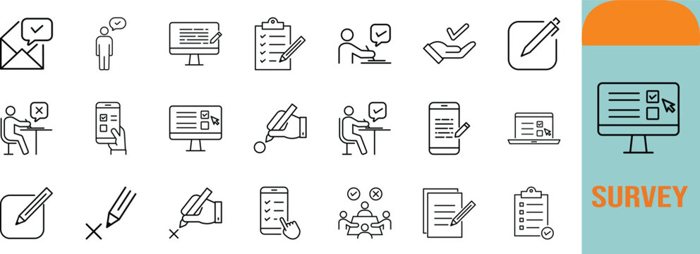 Online survey form vector icons. pencil icon set, checklist icon set, monitor icon set