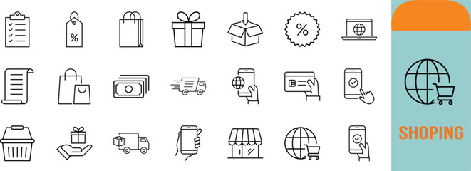 E-commerce shopping line vector icons. cart icon set, card icon set, phone icon set © Never lost