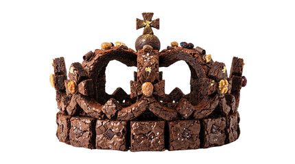Chocolate brownie crown with nuts and cross, royal dessert pastry sculpture, gourmet dark cocoa cake crown isolated on white background