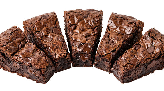 Fudgy chocolate brownies with chocolate chips, five triangular brownie slices isolated on white, decadent dark cocoa dessert portions for bakery menu