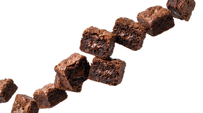 Levitating chocolate brownie cubes on white background, flying fudge cake pieces, falling dark cocoa dessert squares with chewy texture