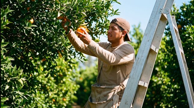 Man harvesting fresh oranges from tree on ladder in sunny orchard.