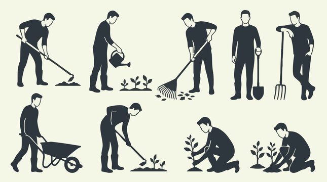 Men Gardening Activities Silhouettes Set - Planting, Raking, Watering