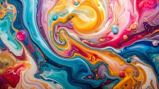 Vibrant liquid paint swirls in a colorful abstract fluid composition