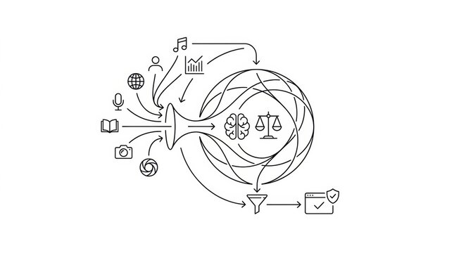 The visual represents aspects of responsible AI governance, showing data sources and their relationship with ethical concerns and bias.
