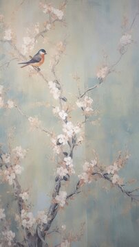 Cute forpus bird wallpaper painting blossom flower.