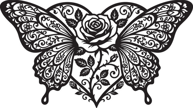 Black, ornate butterfly, floral design, vector illustration, decorative insect, tattoo style