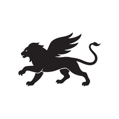 Fototapeta premium Winged Lion Silhouette Vector Logo Icon – Roaring Griffin Mythical Animal Emblem