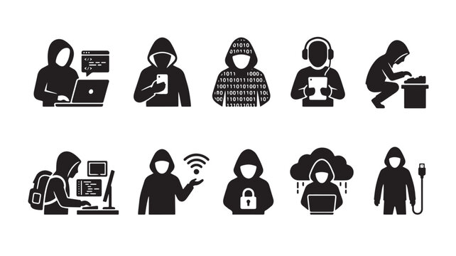 Cybercrime, hacker, security icons, black silhouette set, 10 symbols