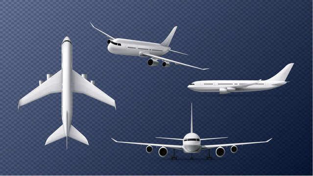 Passenger Airplane Set Isolated on Transparent Background, Realistic Commercial Airliners Collection in Different View Angles