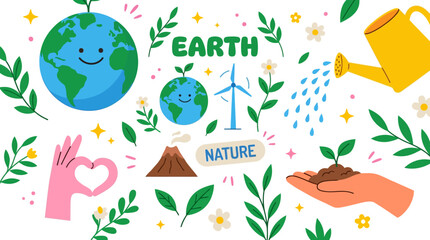 Naklejka premium Vibrant Earth and Nature Illustration for Environmental Awareness with Leaves, Plants, Watering Can and Globe