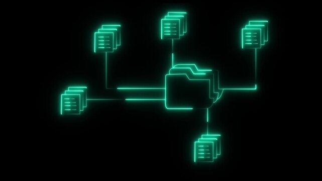 neon document management system icon connecting multiple files and folders. folder and document icons connected. diagram illustrating a central folder connected icon to multiple stacks of documents.