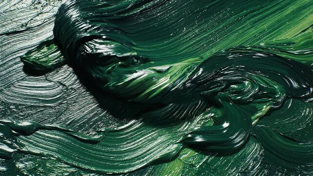 Close-up of textured green oil paint strokes with glossy and rich color blending on canvas