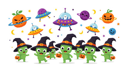 Halloween Aliens and Pumpkins Party: A whimsical collection of cute, green aliens dressed as witches, carrying candy buckets, amidst flying UFOs and jack-o'-lanterns, set against a starry. © Md