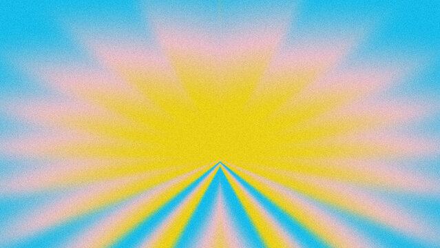 Soft grainy, noise-textured radial sunburst abstract background with symmetrical converging rays. Smooth pastel gradient blending a bright yellow center, blush pink streaks, and sky blue outer edges.