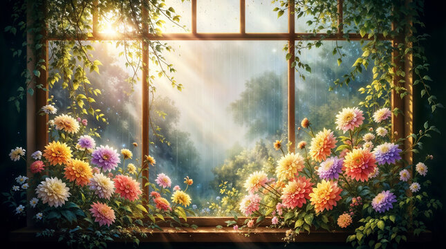 Sunlit Rain on a Garden Window