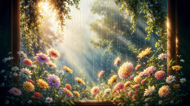 Sunlit Rain on a Garden Window