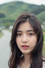 Fototapeta premium Candid close-up portrait of young asian woman with natural expression, wind blowing hair, soft outdoor light