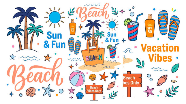 Vibrant beach vacation collage featuring palm trees, surfboards, seashells, sun, drinks, and vacation vibes for summer d&eacute;cor