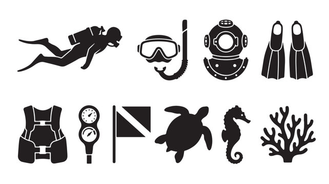 Scuba diving icons, ocean symbols, sea creatures, diving equipment, black vector graphics