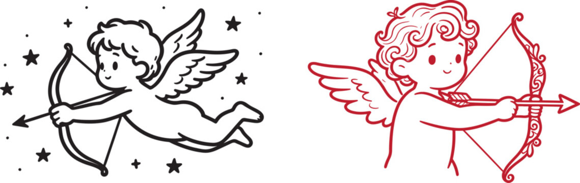 Cupid cherub line art illustrations with bow and arrow for Valentine's Day vector graphics