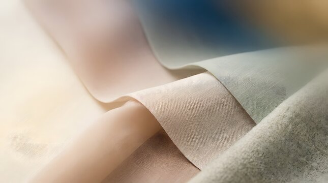 Abstract composition of layered fabrics showcasing diverse textures and soft colors, including sheer, woven, and fuzzy materials, with gentle lighting and a shallow depth of field.