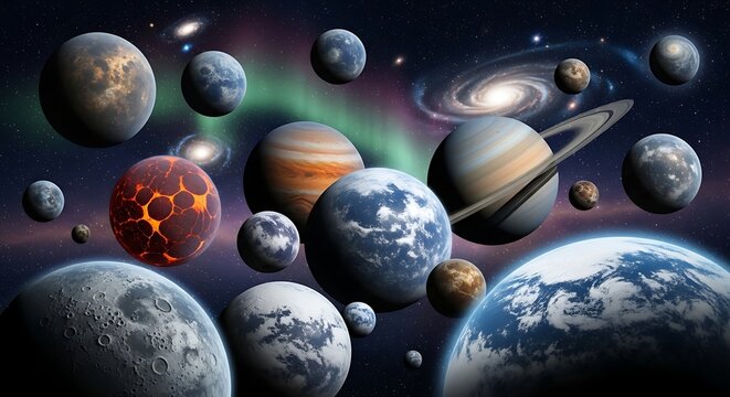 Planets and moons in our solar system.