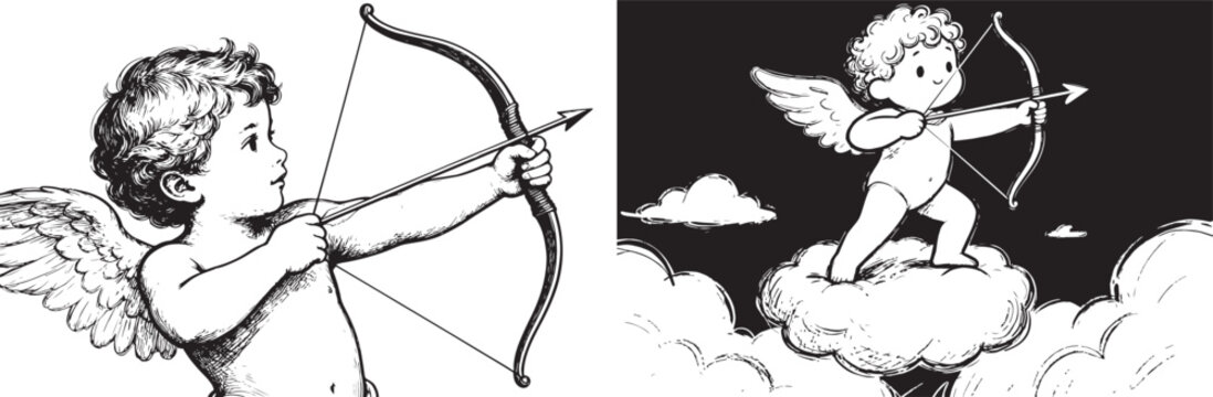 Cupid cherub with bow and arrow in vintage sketch and cute cartoon styles for Valentine's Day and romantic themes