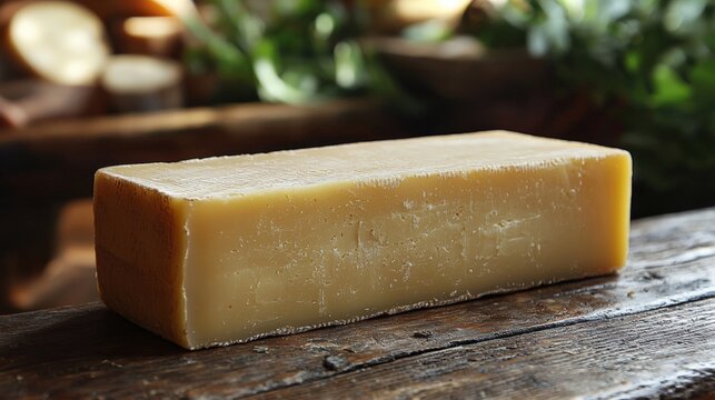 Ragusano cheese block on rustic wooden table highlighting its unique texture and color