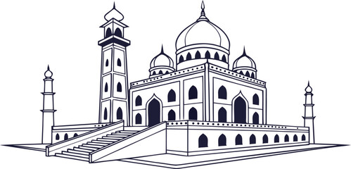Line art illustration of a majestic mosque with domes and minarets © S M Sajib