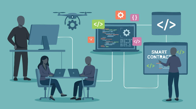 Team of developers working on smart contracts and programming applications