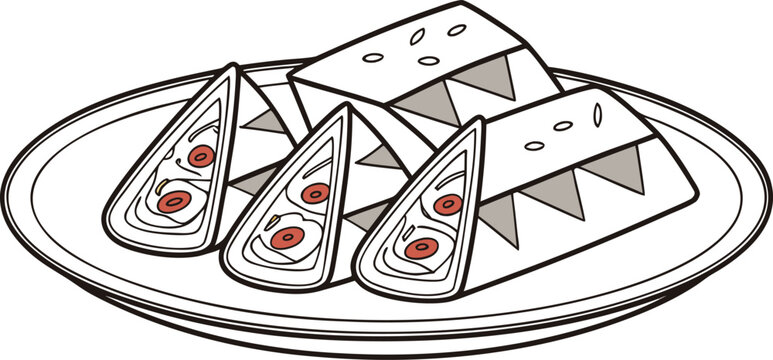 Illustration of a plate with three triangular stuffed wraps or sandwiches