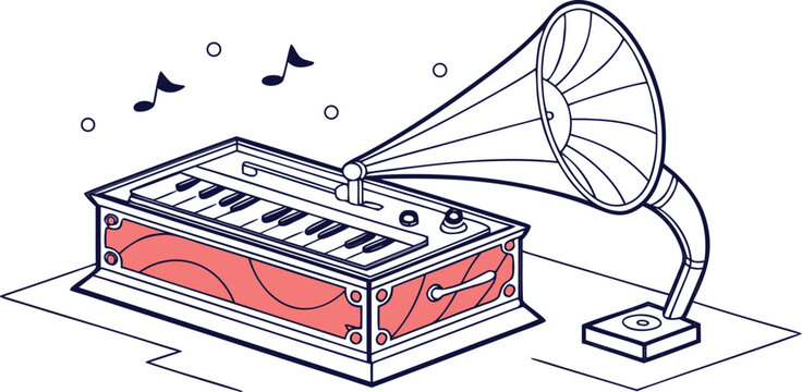 Illustration of a vintage harmonium musical instrument with a gramophone horn