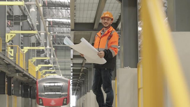 Construction worker meticulously reviews blueprints atop metal beam at railway maintenance facility, wearing high-visibility vest and hard hat while distant electric train runs by.