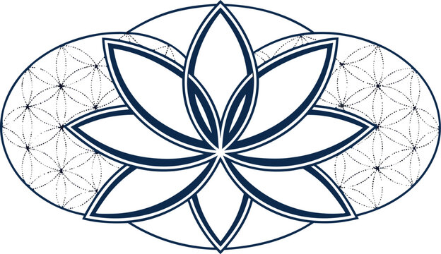 Lotus flower symbol with sacred geometry patterns inside an oval frame