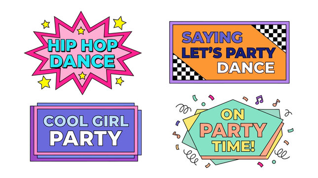 Colorful retro party banners and badges set with hip hop dance, cool girl party, and lets party themes in a playful pop-art style.