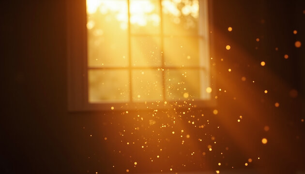 Cinematic shot of floating dust motes in a ray of golden sunlight representing memory.