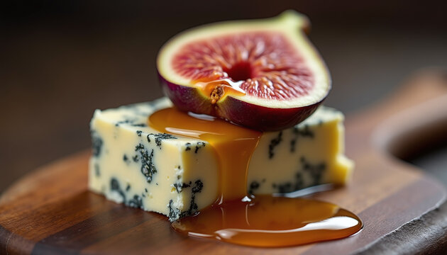 Extreme macro of blue cheese and fresh fig with a viscous drip of golden honey.