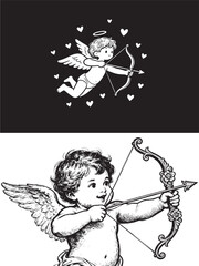 Fototapeta premium Cupid cherub with bow and arrow illustration set in vintage and minimalist styles for Valentine's Day and romance