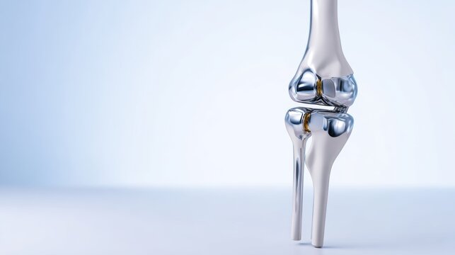 Realistic metallic human knee joint model on a clean background, showing orthopedic implant or prosthetic in anatomical detail