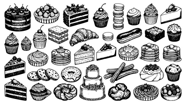 A large assorted collection  illustration of sweet bakery desserts