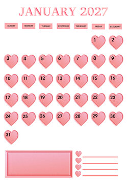 January 2027 Pink Heart Calendar Template with Transparent Background, Romantic Monthly Planner Layout, Cute Love Theme Date Organizer, Valentine Style Schedule Board, Heart Shape Day Markers