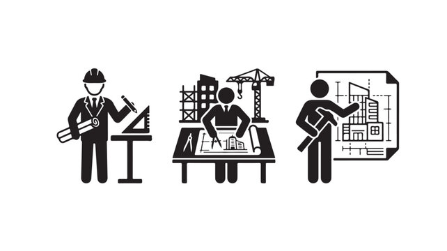 Construction Workers With Blueprints And Crane For Architecture And Engineering Concepts