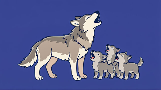 Cartoon illustration of a mother wolf howling with her three cute little wolf pups on a solid blue background