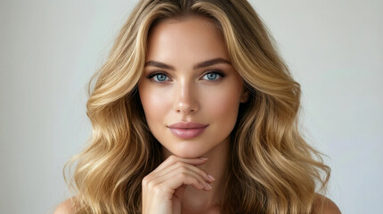 Fototapeta premium A young woman with blonde hair and blue eyes poses gently against a neutral studio background, hand resting near her chin.