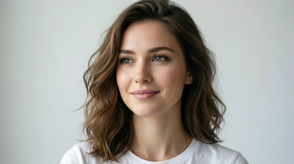 Naklejka premium Young woman with wavy hair smiling softly in a neutral studio setting, ideal for lifestyle or wellness content