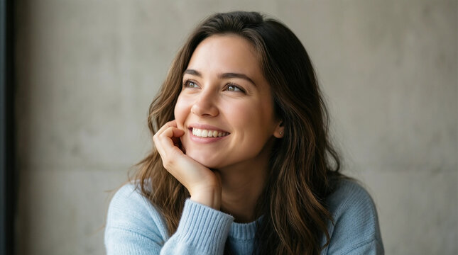 Woman smiling thoughtfully while resting her chin on hand, looking upward in a calm indoor setting