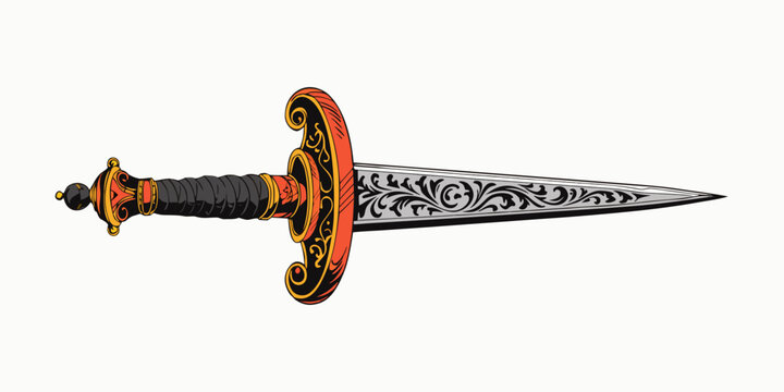 Illustration of a medieval sword with intricate designs on the blade and handle medieval times sword fighting digital art sword in hand sword hilt sword guard sword pommel medieval intricate